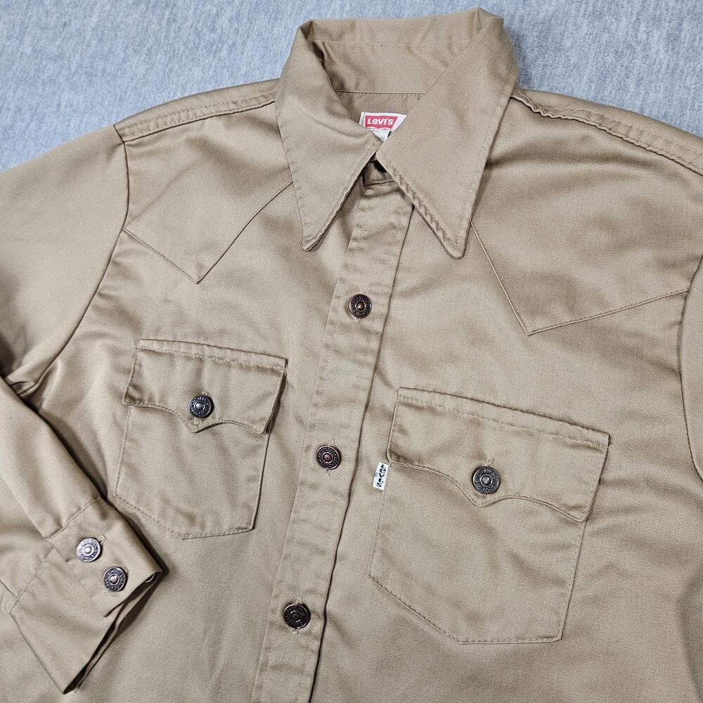 Vintage Levi Shirt Mens L Beige Long Sleeve Western Button-Up Workwear Made USA